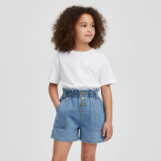 jeansshorts-flicka-blå-höga-hög-midja-fickor