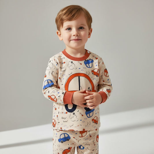 pyjamas-barn-bilar-beige-blå-röd
